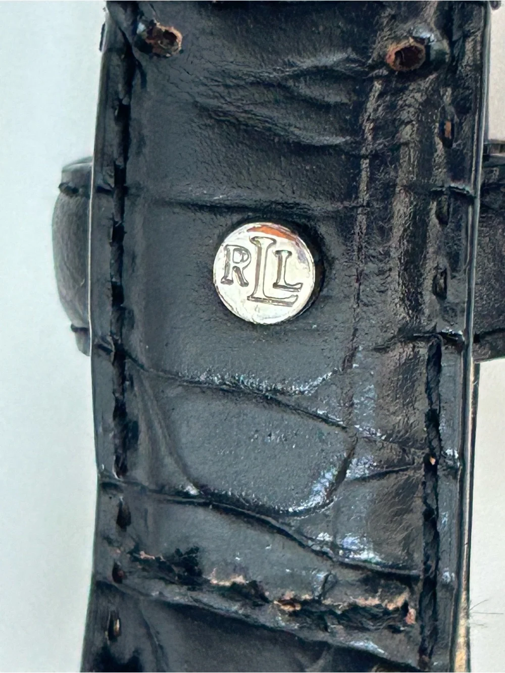 VTG Lauren Ralph Lauren Leather Belt Black Alligator Embossed .75” 3/4” Skinny